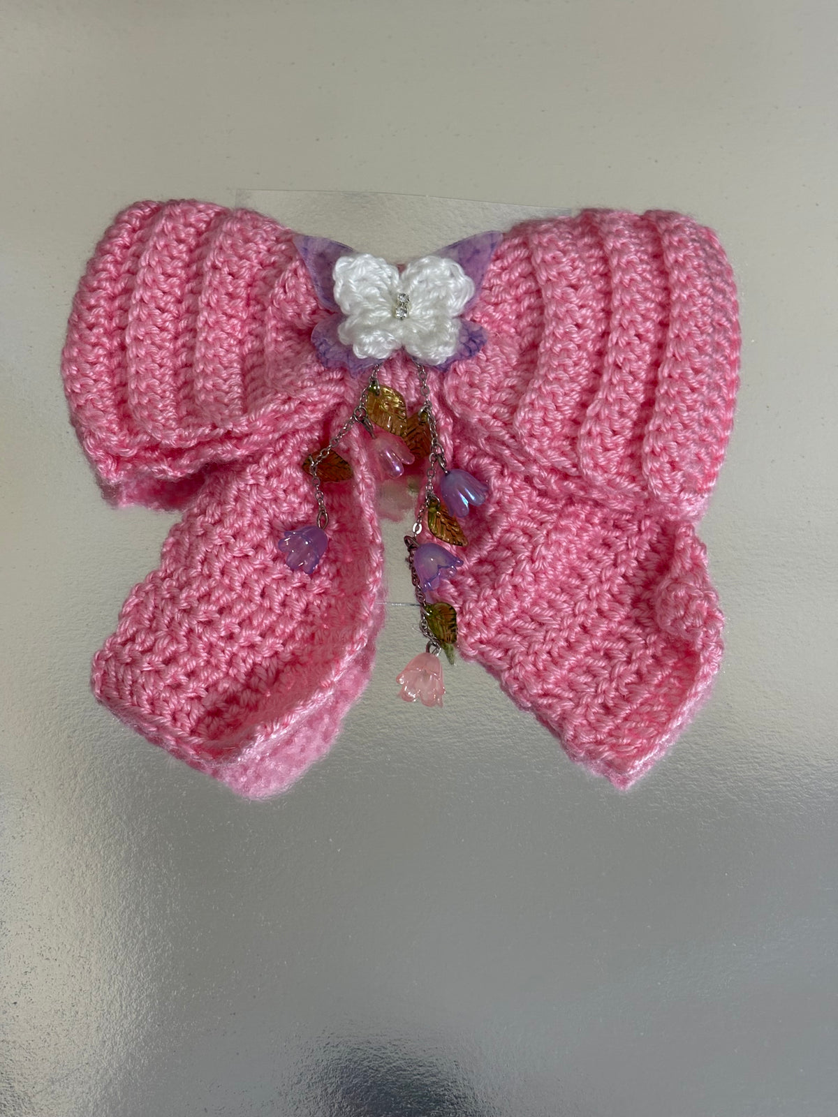 Lazo a Crochet Rosa Coquette Con Clip y Detalles Florales