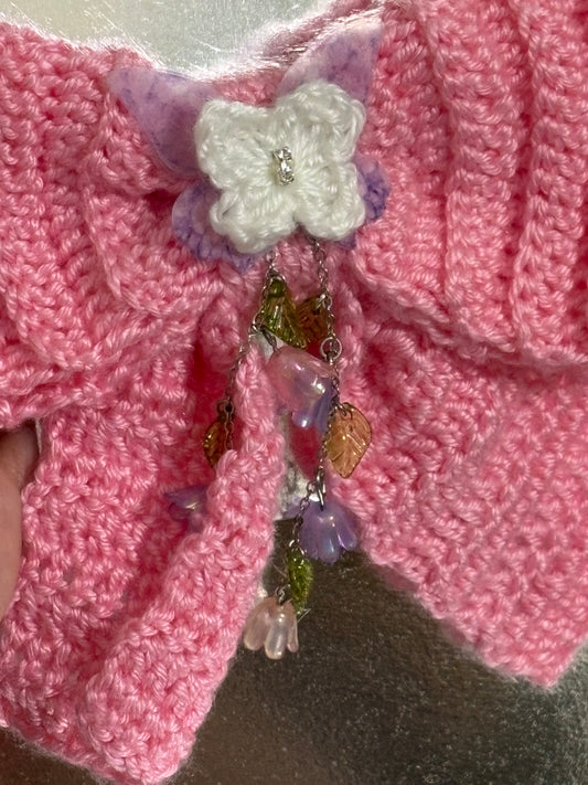 Lazo a Crochet Rosa Coquette Con Clip y Detalles Florales