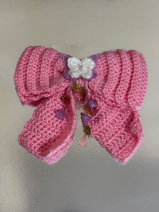 Lazo a Crochet Rosa Coquette Con Clip y Detalles Florales
